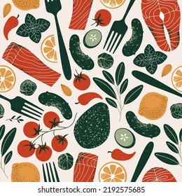 Healthy food seamless pattern. Keto food. Salmon with avocado and cucumbers. Vector illustration.