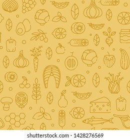 healthy food seamless pattern with line icons. Fruits, vegetables, honey, eggs, meat and fish