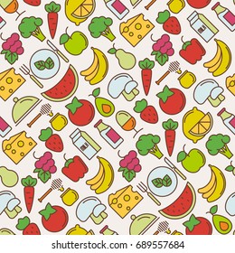 Healthy food seamless pattern with thin line icons of fresh natural products, vegetarian groceries. Vector illustration for banner, web page about healthy nutrition.