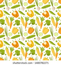 Healthy Food seamless pattern - vegetables - on white Background. Vegan, natural and eco vector illustrations of pepper, onion, carrot, corn, cucumber, broccoli, pea.