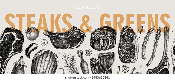 Healthy food seamless ribbon. Vintage style meat and vegetable vector background. Raw steaks sketches. Hand drawn food illustrations. NOT AI generated