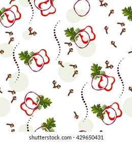 Healthy food seamless vector pattern. Onion, tomato, seasoning elements.