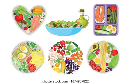 Healthy Food Served on Circle and Heart Shaped Plates Top View Vector Set