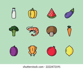 Healthy food set. 12 food line icons set. Colorful icons of healthy food in outline style.Mushroom, pomegranate, shrimp, milk, carrot, broccoli, plum, bell pepper, chicken, eggplant, lemon, watermelon