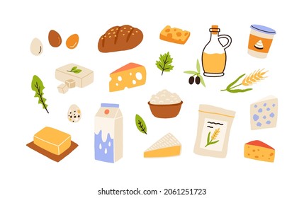 Healthy food set. Bread, flour, dairy products, olive oil and butter collection. Milk, cheese, curds, egg and sour cream. Colored flat vector illustration of groceries isolated on white background