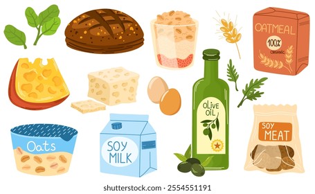 Healthy food set. Bread, flour, dairy products, olive oil collection. Soy milk, cheese, curds, egg and soy meat. Hand draw flat vector illustration of groceries isolated on white background