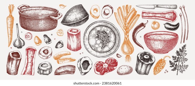 Healthy food set in color. Marrow bone broth, hot soup served on plates, pans, bowls, vegetables, organ meat, marrow bones sketches. Hand drawn vector illustrations. Homemade food menu design elements