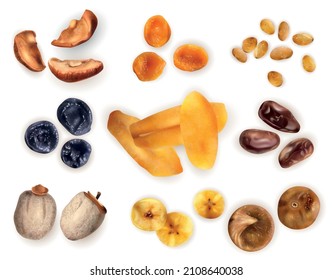 Healthy food set of dried fruits including prune fig pear apricot banana date mango realistic icons isolated vector illustration