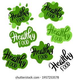 Healthy food - set of eco-friendly, organic bright labels.  Vegan, raw, healthy food icons, for printing on food packaging, etc. Vector, lettering logo, isolated on white background.