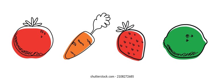 
a healthy food set, fruit set, illustration of a tomato, carrot, lemon and strawberry, Fruit doodles are black with abstract colored shapes. Line drawing style. Objects are isolated. Vector