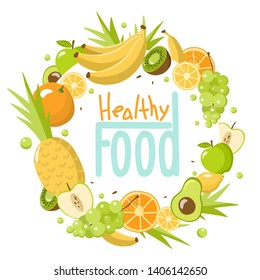 Healthy Food Set - fruits - on white Background. Vegan, natural and eco vector illustrations of products with lettering words.
