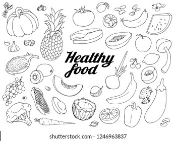 Healthy food set. Hand drawn rough simple sketches of different kinds of vegetables and berries. Vector freehand illustration isolated on white background. 