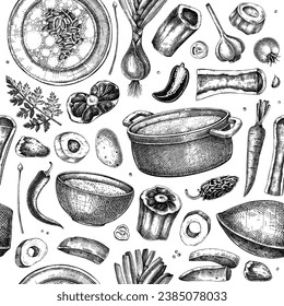 Healthy food set. Marrow bone broth, hot soup served on plates, pans, bowls, vegetables, organ meat, marrow bones sketches. Hand drawn vector illustrations. Homemade food menu design elements