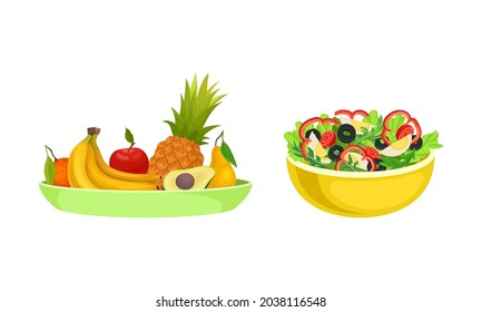 Healthy food set. Plates with fruits and vegetables vector illustration