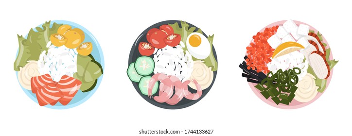 Healthy food. Set of healthy and satisfying poke bowls lunch made from rice, seafood, vegetables and cream cheese. Pleasant vector flat illustration of poke bowls in cartoon style.