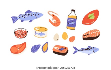 Healthy food set with seafood, fish, meat, eggs. Grocery collection with caviar, salmon, codfish, mussels, shrimp, sprats and steaks. Flat vector illustration of nutrition isolated on white background