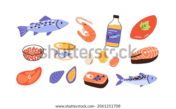 Healthy food set with seafood, fish, meat,\
eggs. Grocery collection with caviar, salmon, codfish, mussels,\
shrimp, sprats and steaks. Flat vector illustration of nutrition\
isolated on white\
background