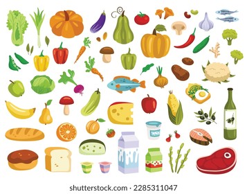 Healthy food set. Stickers with vegetables, fruits, dairy, meat and cheese for healthy diet. Organic natural products with nutrients. Cartoon flat vector collection isolated on white background