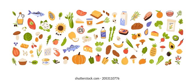 Healthy food set. Vegetables, fruits, milk, mushrooms and fish collection. Natural organic nutrition. Fresh vitamin grocery products. Colored flat vector illustration isolated on white background
