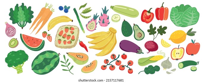 Healthy food set. Vegetables, fruits, berries collection. Natural organic nutrition. Fresh vitamin grocery products. Colored flat vector illustration isolated on white background. 