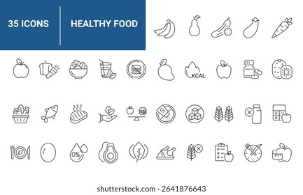 Healthy Food set of web icons in line style. Nutrition linear icon collection. Containing salad, fish, fruit, vegetables, water, protein, vitamins, healthy fats, carbohydrate and more. Editable stroke