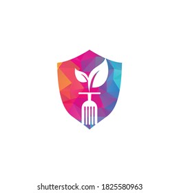 Healthy food shield shape concept logo template. Organic food logo with spoon and leaf symbol.