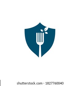 Healthy Food shield shape concept Logo design. Fork and leaf Logo icon.