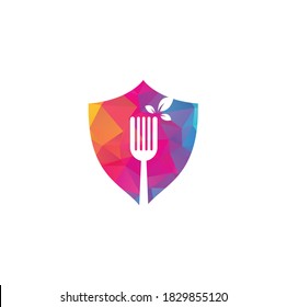 Healthy Food shield shape concept Logo design. Fork and leaf Logo icon.