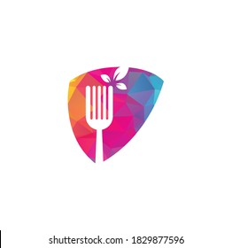 Healthy Food shield shape concept Logo design. Fork and leaf Logo icon.