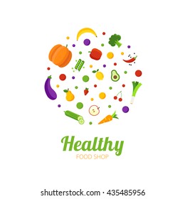 Healthy food shop logo design. Healthy food circle with different fruits and vegetables icons. Abstract logo for organic shop, vegetarian cafe. Vegan nutrition vector illustration