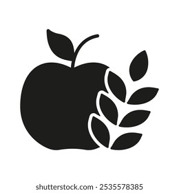Healthy Food Silhouette Icon with Apple And Wheat Plant Elements. Balanced Diet And Plant Based Nutrition. Isolated Vector Illustration.
