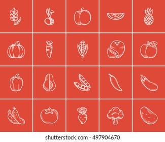 Healthy food sketch icon set for web, mobile and infographics. Hand drawn healthy food icon set. Healthy food vector icon set. Healthy food icon set isolated on red background.