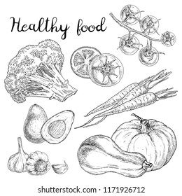 Healthy food sketches. Hand drawn vegetables. Vector illustration.