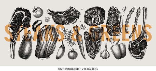 Healthy food sketches set. Meat and vegetable vector icons. Raw steaks drawings. Hand-drawn food illustrations. NOT AI generated