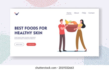 Healthy Food for Skin Care Landing Page Template. Tiny Male and Female Characters Holding Huge Bowl with Fresh Fruits for Health, Fortified Ecological Nutrition. Cartoon People Vector Illustration