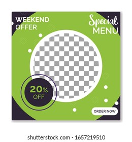 Healthy food Social media post template  with place for photo,  Square templates for publications and advertising.