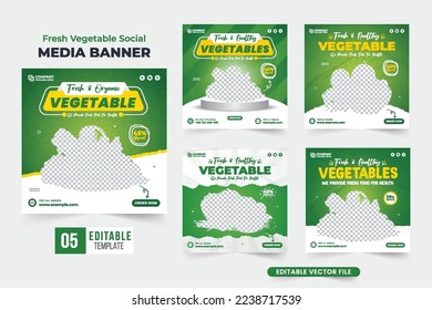 Comida saludable en las redes sociales: diseño con colores verdes y amarillos. Paquete de plantilla de descuento para venta de verduras orgánicas para marketing. Colección de afiches para publicidad de verduras frescas.