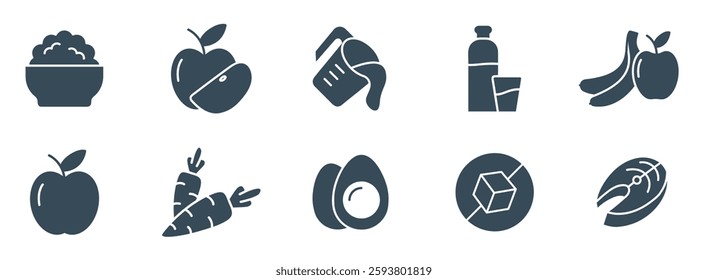 Healthy Food Solid Icon Set. Vector Illustrations of Apple, Salmon, Eggs, Carrots, Milk, Nutrition, Diet, and Balanced Eating