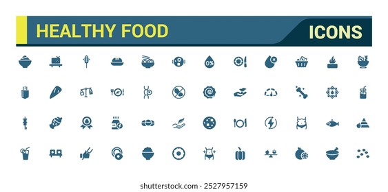Conjunto de iconos sólidos de alimentos saludables. Icono de comida halal colección. Colección de símbolos rellenos. Paquete de iconos de glifos para Web y ui. Editable y píxel perfecto, Ilustración vectorial.