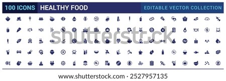 Healthy food solid icons set. Halal food icon collection. Filled symbol collection. Glyph icon pack for web and ui. Editable and pixel perfect, Vector illustration.