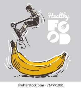 Healthy food for sport. Boy on scooter makes a trick. Sketch style vector illustration