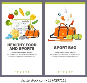 Healthy food and sports, fitness bag concept for mobile application website banner template. Sportive items for fitness training workout and organic natural nutrition diet promotion