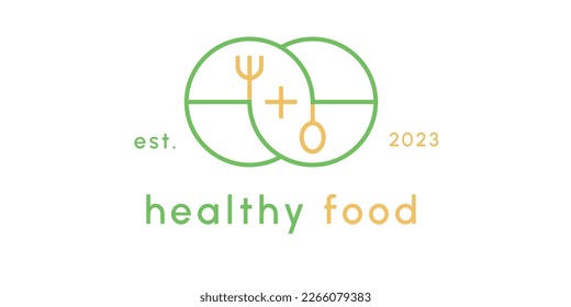 Healthy food stamp label sticker emblem logo design illustration. Vector icon creative flat simple minimalism Menu of herbal food cutlery. healthy restaurant menu food drink beverage juice.