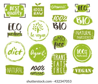 Healthy food stamp. Vector grungy healthy food stamp set isolated on white background. Natural product element vector illustration. Label, sticker, seal for certified vegetarian meal ingredient, drink