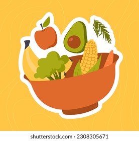 Healthy food sticker. Bowl with banana, avocado, broccoli and corn. Vegetables and fruits, healthy food and vitamins. Proper nutrition, vegetarian diet. Cartoon flat vector illustration