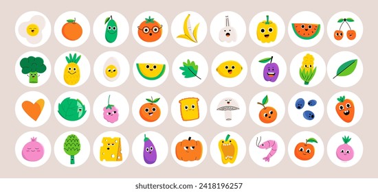Healthy food stickers. Cartoon fruits, vegetables, barries characters. Cute healthy food highlights template, sign, icon.
