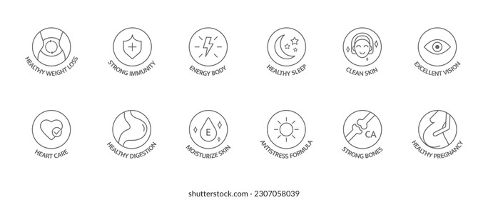 Healthy food supplement line icon set. Organic, vegan, bio product tag. Natural health vitamins, probiotics label for packaging. Detox diet badges. Nutrition sign. Clean skin. Vector illustration.