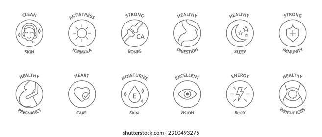 Healthy food supplement. Organic, bio, vegan product line icon set. Natural health vitamins, probiotics label for packaging. Detox diet badges. Nutrition sign. Clean skin. Vector illustration.