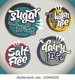 Healthy food symbols: Collection of gluten free, sugar free, dairy free and salt free signs. Various colorful designs, can be used as stamps, seals, badges, for packaging etc. 