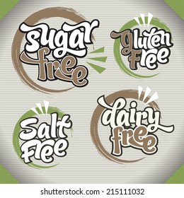 Healthy food symbols: Collection of gluten free, sugar free, dairy free and salt free signs. Various colorful designs, can be used as stamps, seals, badges, for packaging etc. 